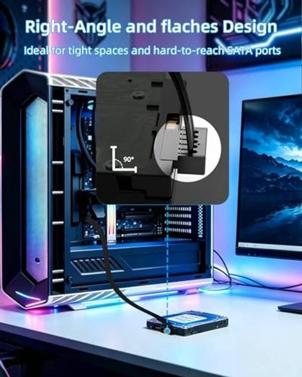 Black right-angle SATA power cable connector for hard-to-reach ports on a PC.