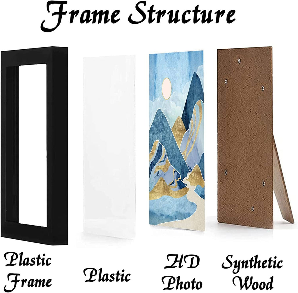 Picture frame material options: black plastic frame, white insert, and brown synthetic wood back.