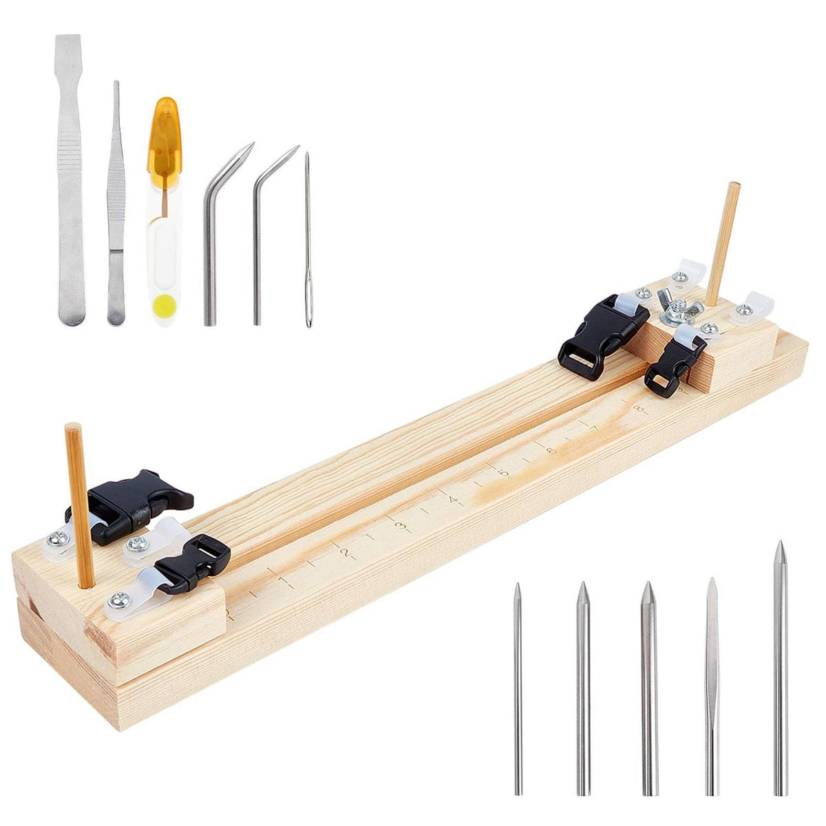 Paracord bracelet maker jig with wooden base, metal pins, and clamp tools set