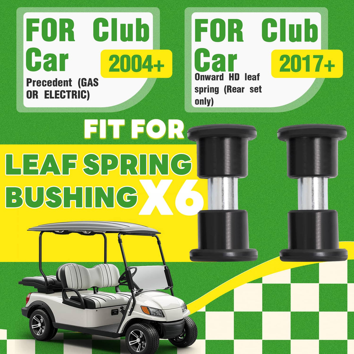 Leaf spring bushing set with six black rubber bushings and silver metal sleeves