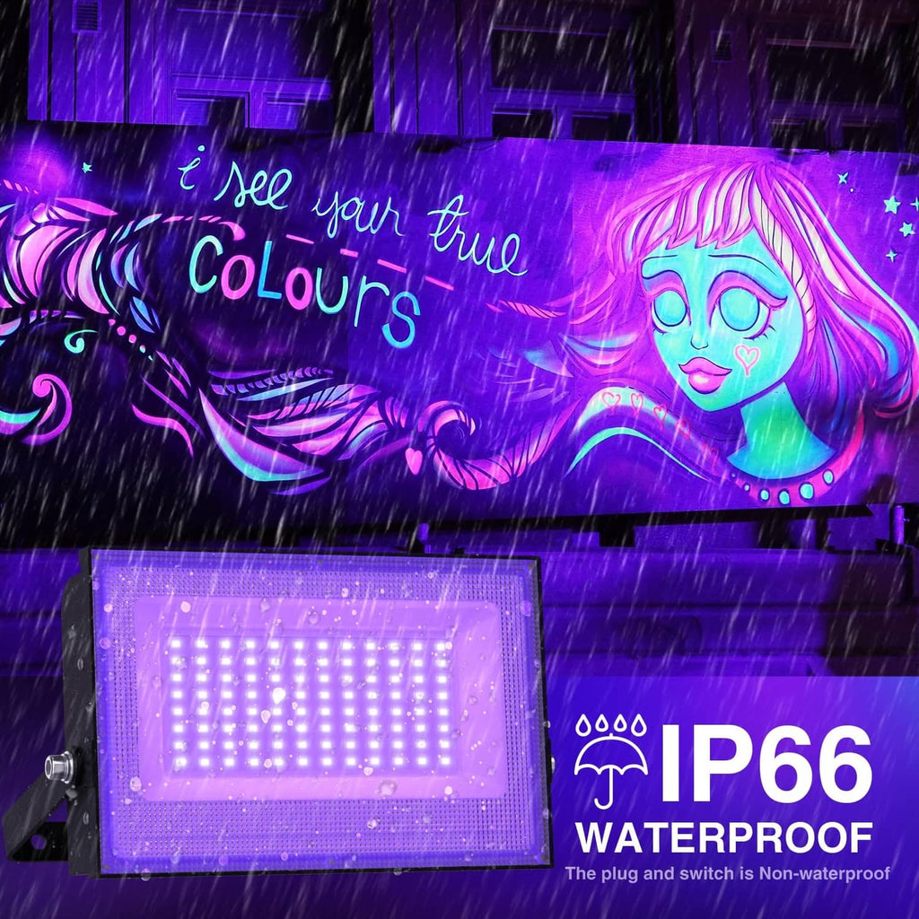Purple LED blacklight floodlight with weather-sealed, waterproof-style design