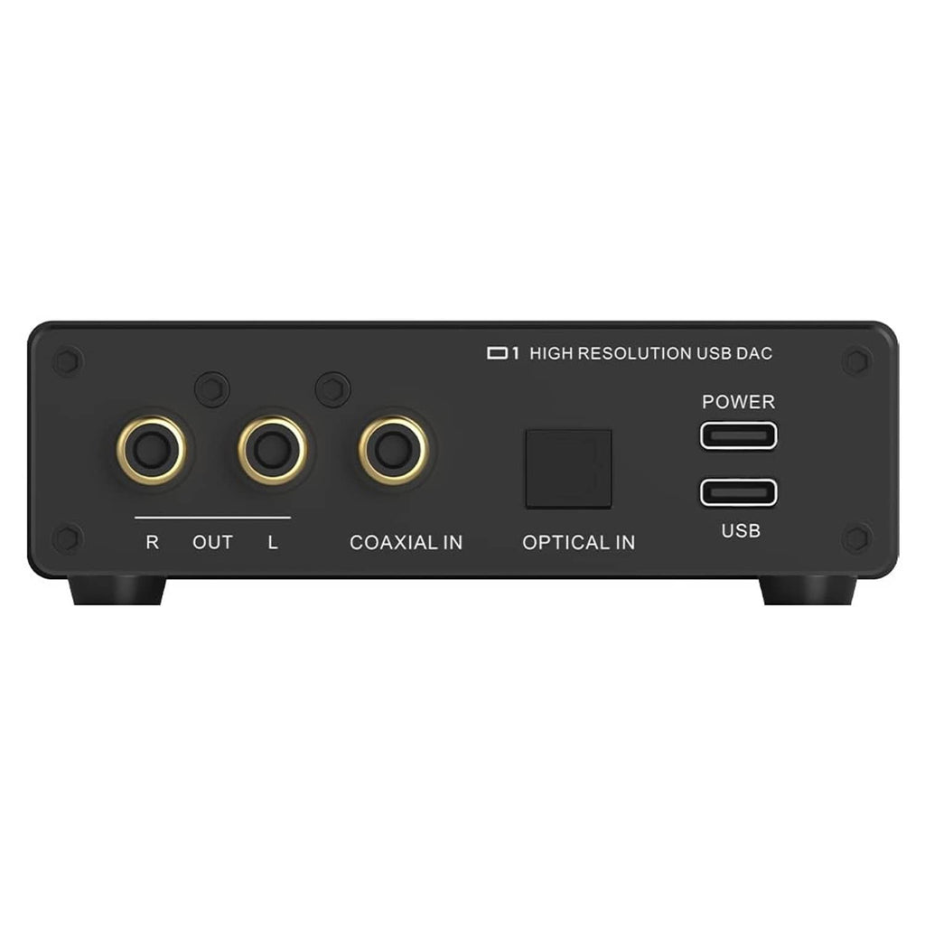 Black SMSL USB DAC rear panel with RCA out, coaxial, optical, and USB ports