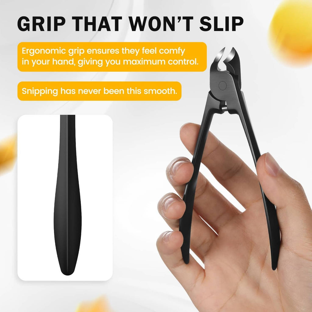 Black thick toe nail clippers with ergonomic grip and curved cutting blades