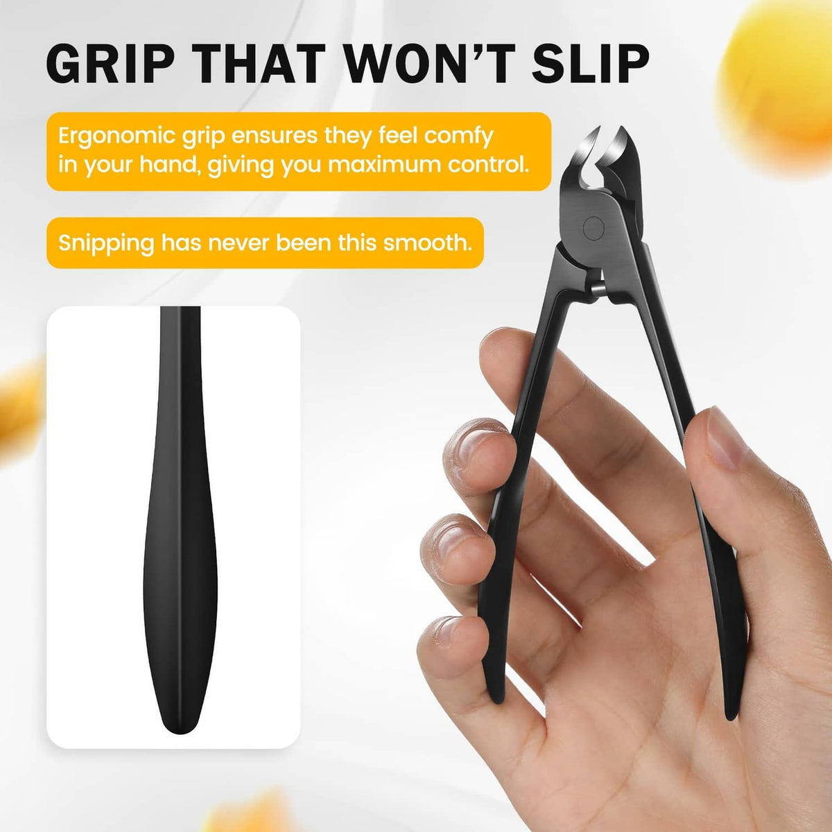Black thick toe nail clippers with ergonomic grip and curved cutting blades