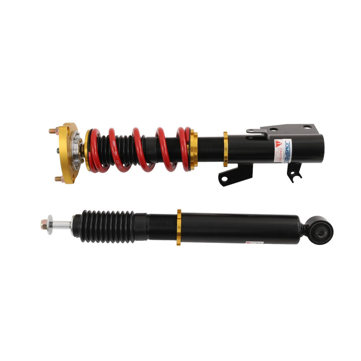 Coilover struts with red springs, gold tops, and black bodies with mounting bracket