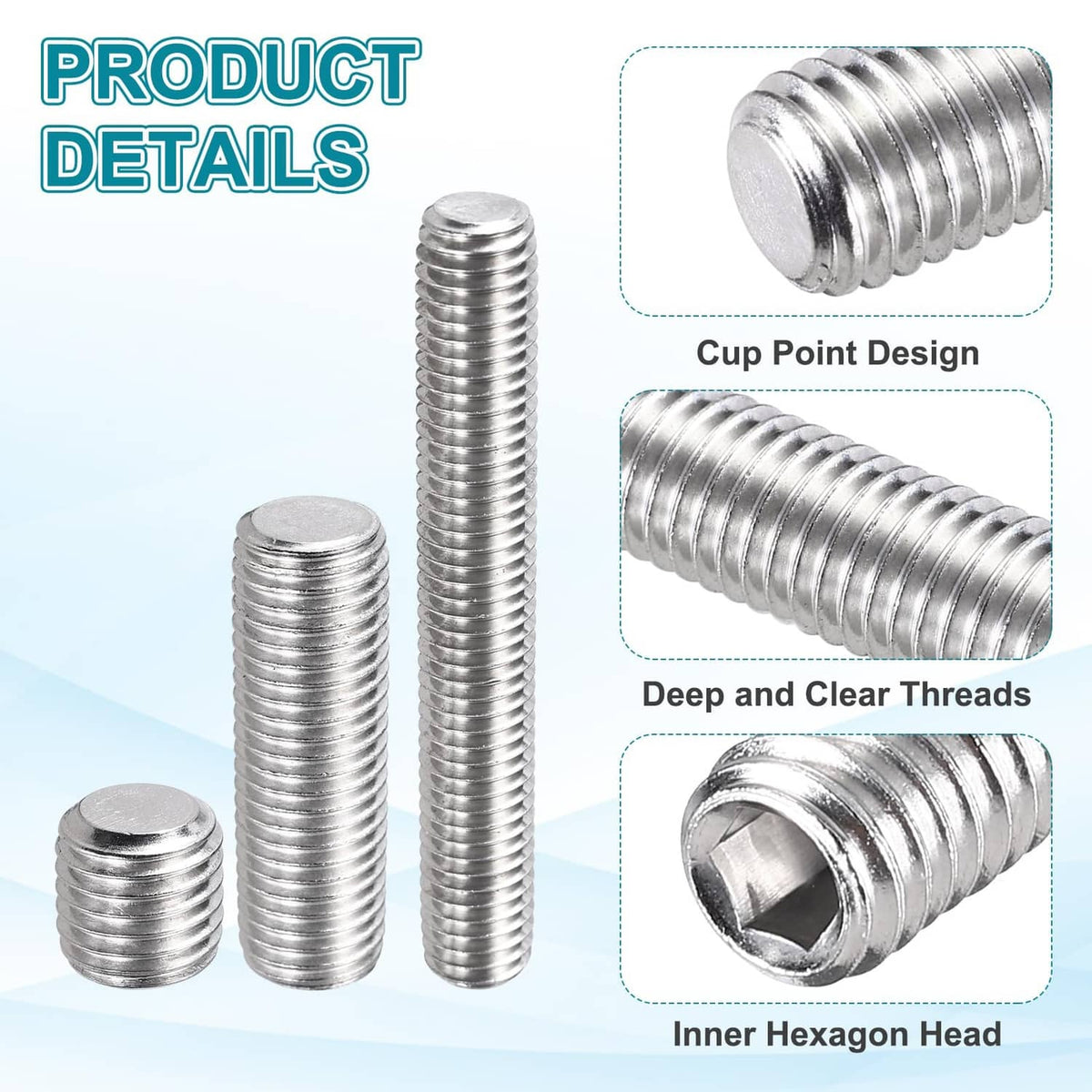 Stainless steel grub screw set with inner hex socket and deep, clear threads