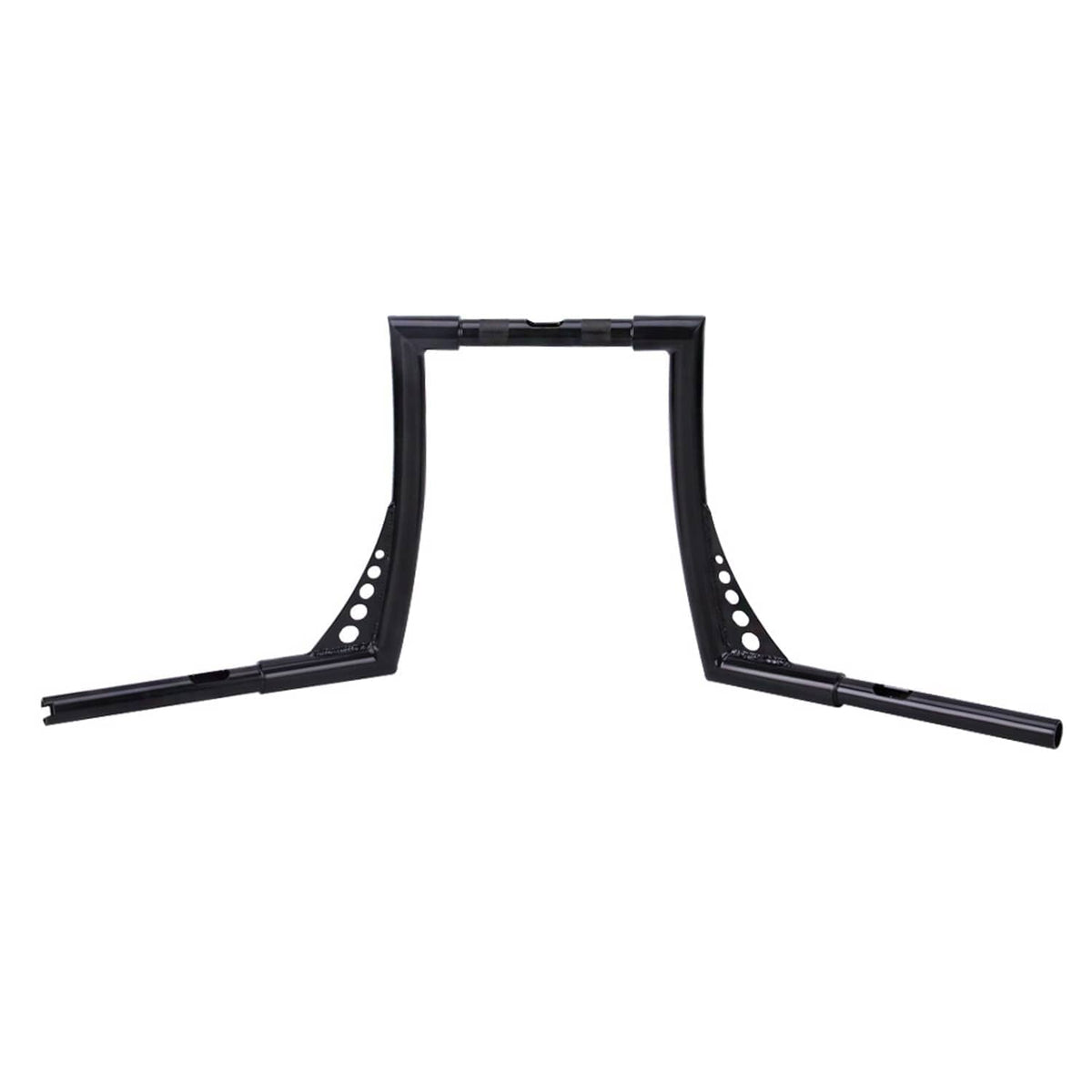 Black ape hanger handlebars with drilled mounting holes and inner crossbar, wide view