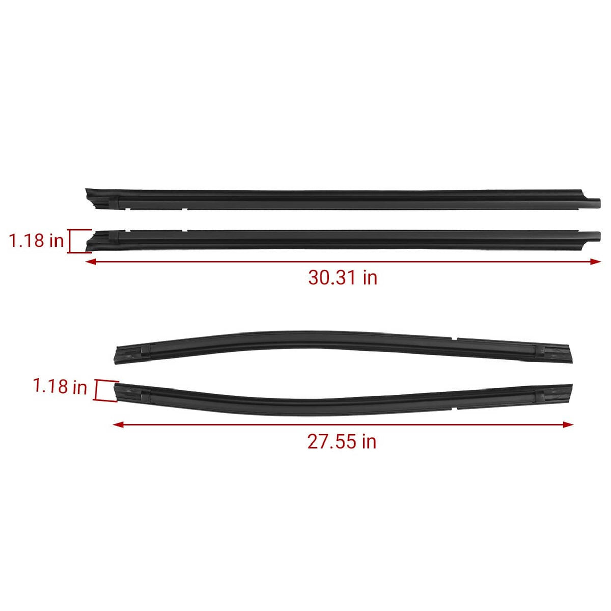 Black window weatherstrip trim seals with marked lengths for straight and curved channels