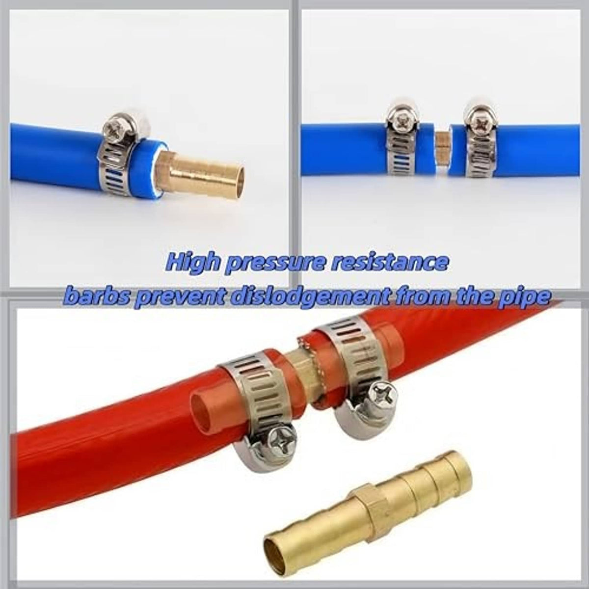 Brass hose barb fitting with worm-gear clamps installed on blue hose
