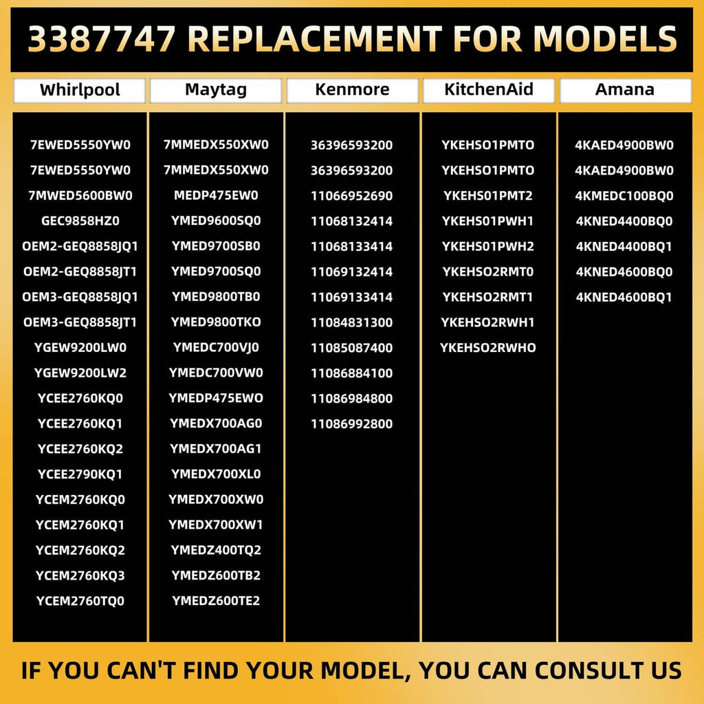 3387747 replacement models compatibility chart for Whirlpool and Maytag dryers