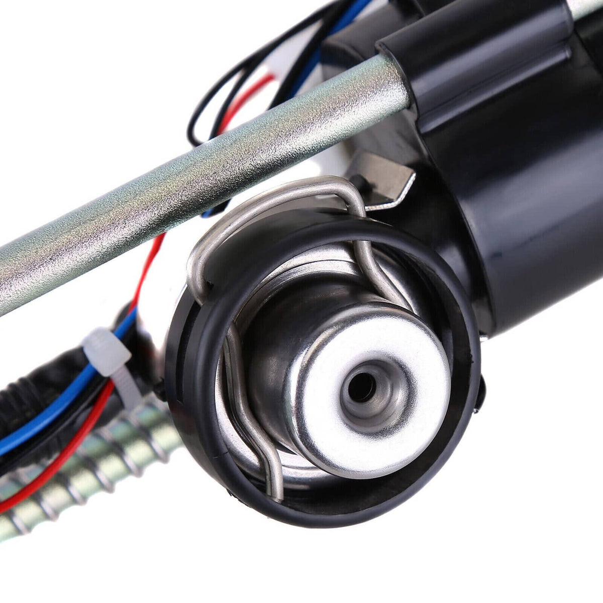 Fuel pump assembly fuel outlet with round metal inlet and black housing