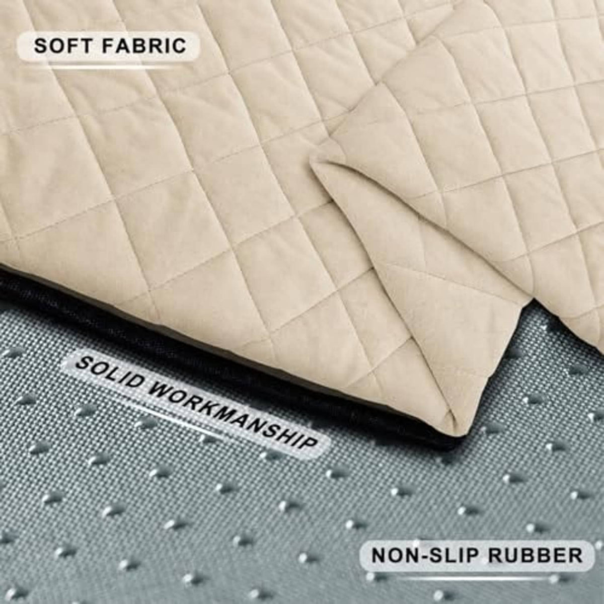 Beige quilted plush seat cover detail with non-slip rubber textured backing.