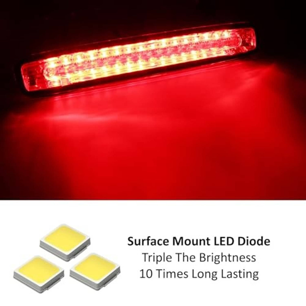Red LED third brake light bar lit with a bright linear pattern through smoked lens