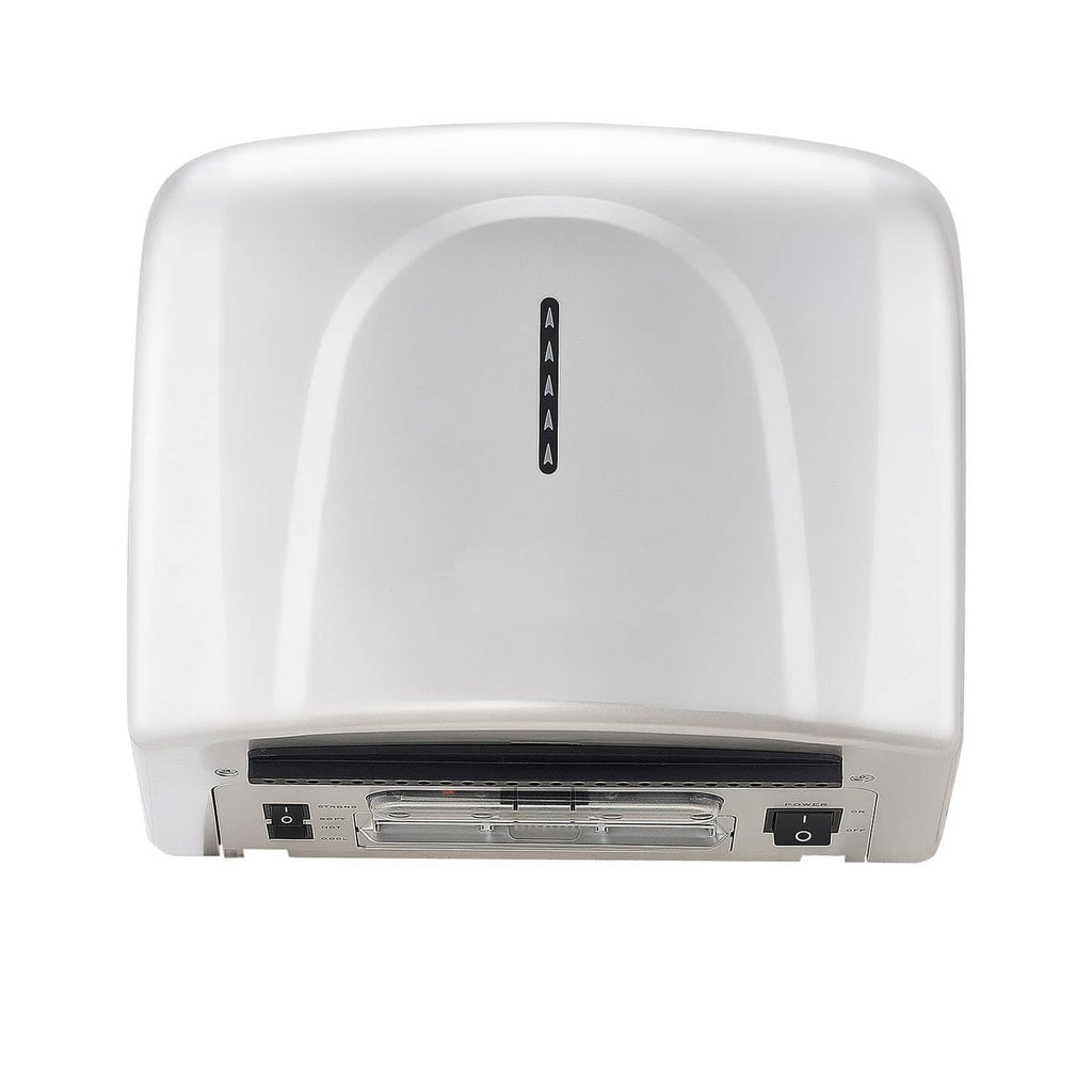 White automatic hand dryer with front air outlet grille and control panel