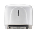 White automatic hand dryer with front air outlet grille and control panel