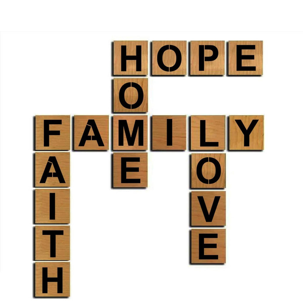 Large letter stencils forming “HOPE FAMILY” on a decorative board