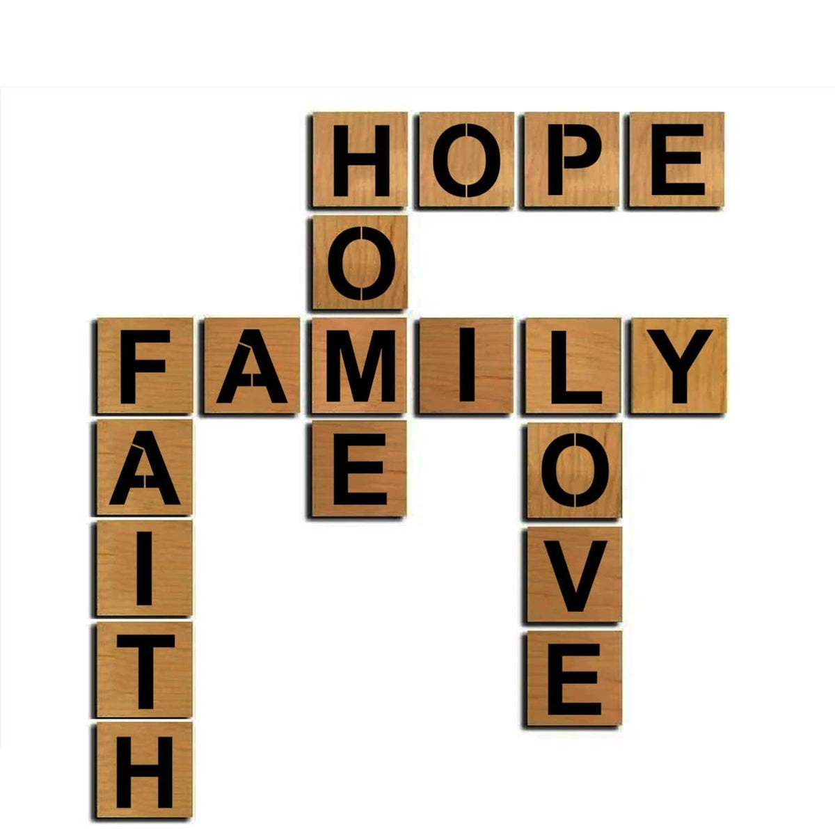 Large letter stencils forming “HOPE FAMILY” on a decorative board