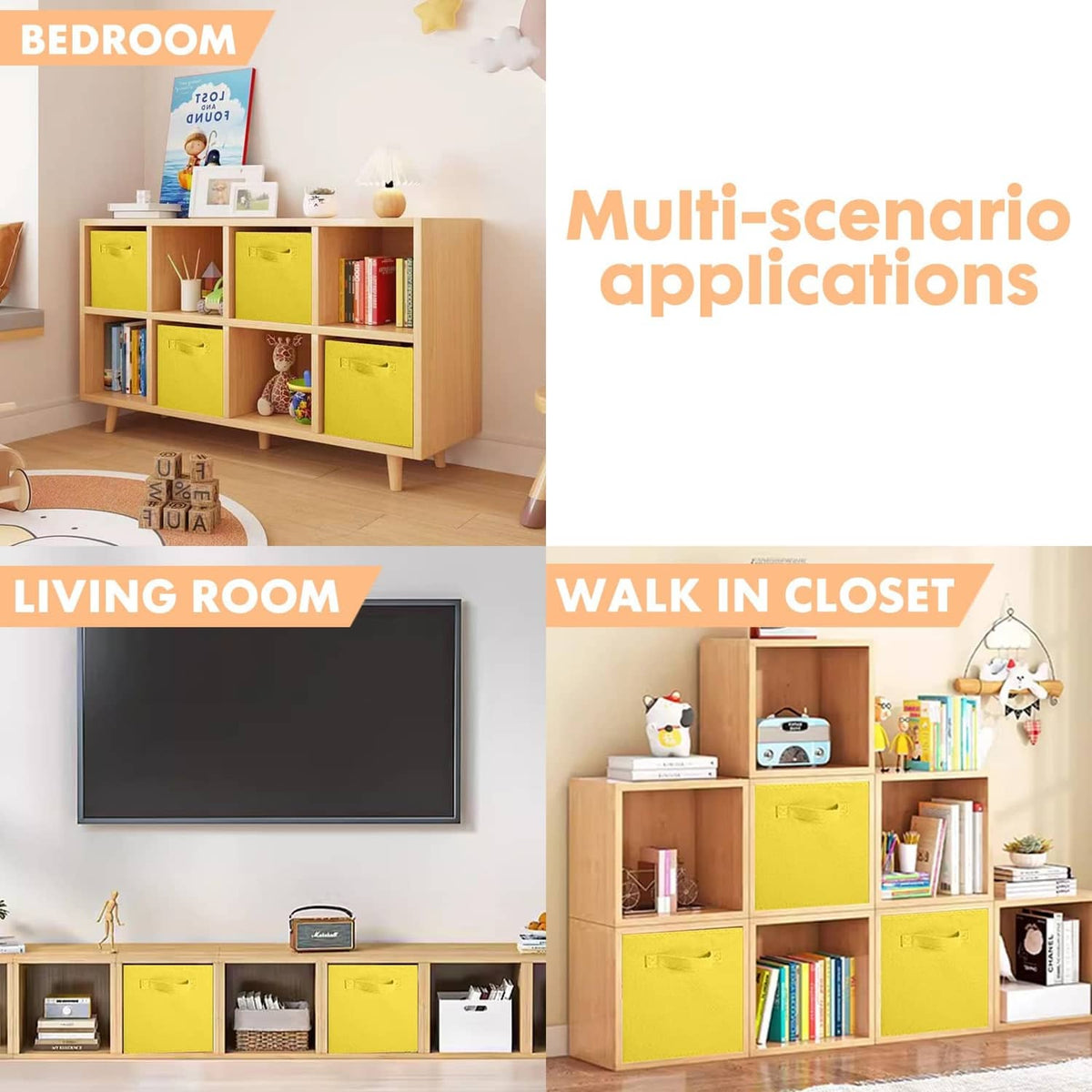 Yellow fabric storage bins with handles on a kid-friendly bookcase.