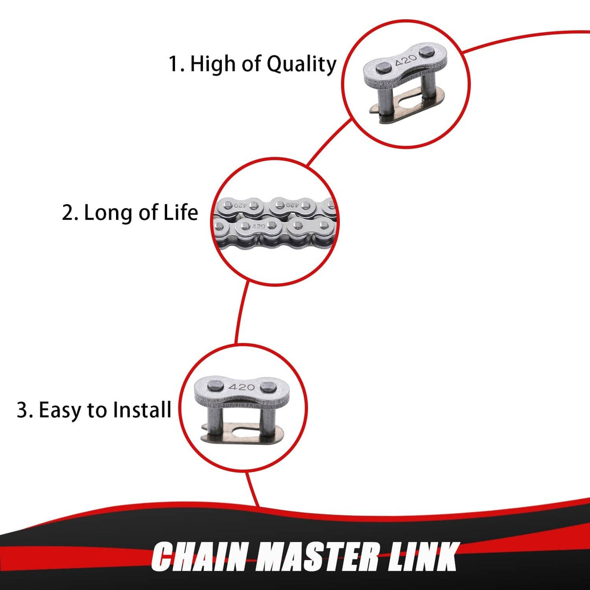 420 chain master link and roller chain detail, silver