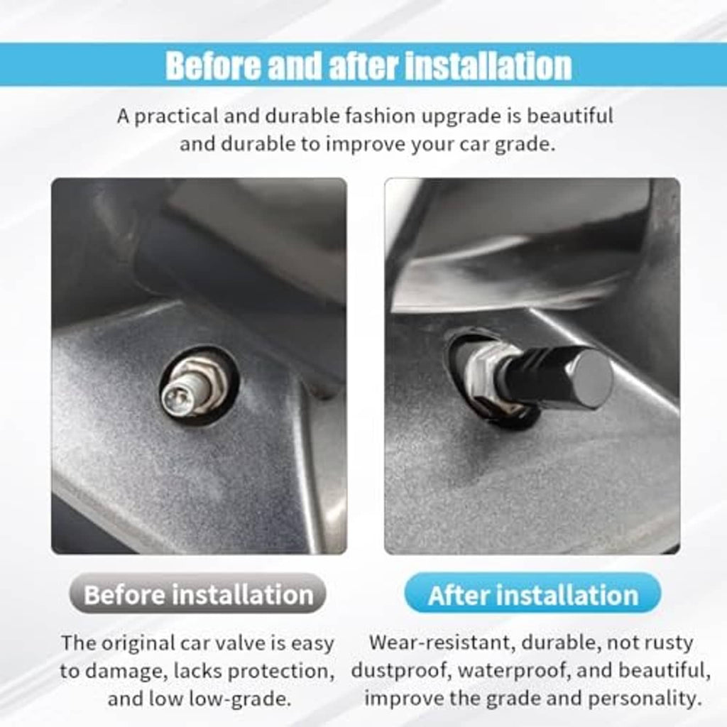 Before-and-after view of a black tire valve cap installed on the wheel.