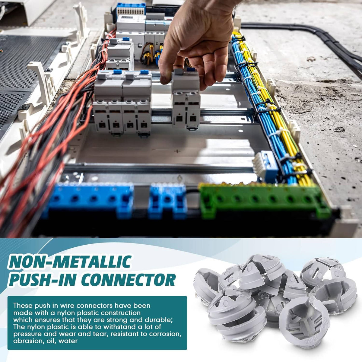 Gray non-metallic push-in connectors for wiring, shown with several joined units