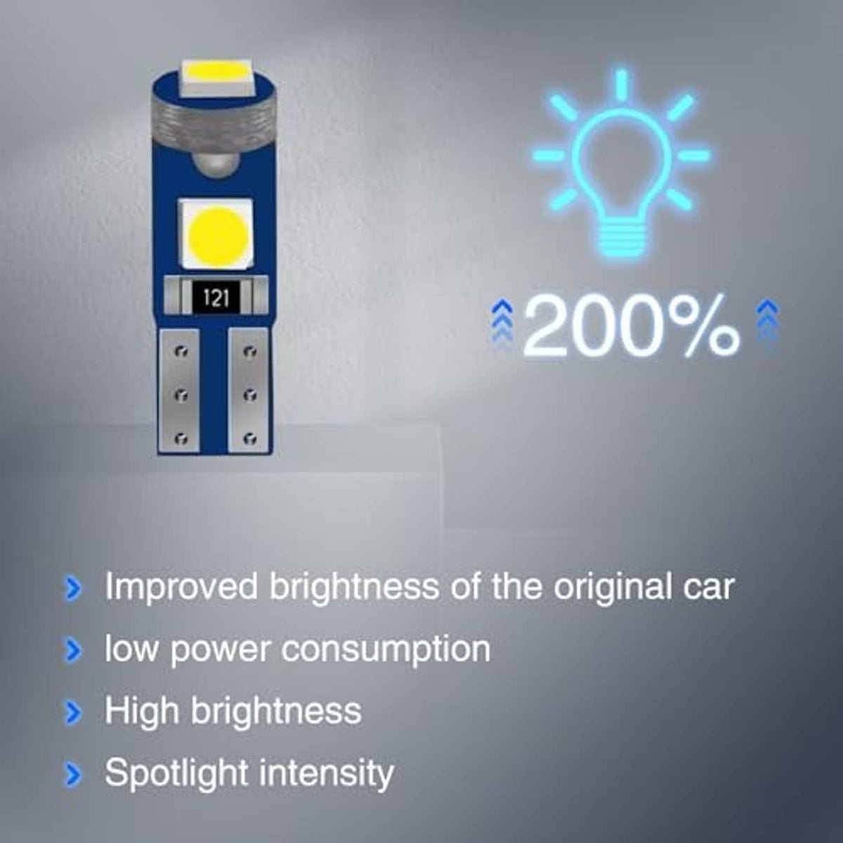 T5 wedge LED instrument light, blue board with two yellow chips and silver wedge base