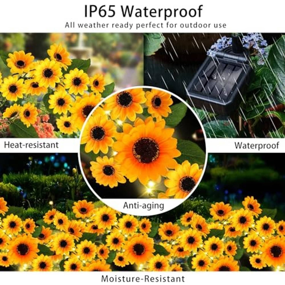 Glowing solar sunflower lights with yellow petals, dark centers, and green leaves