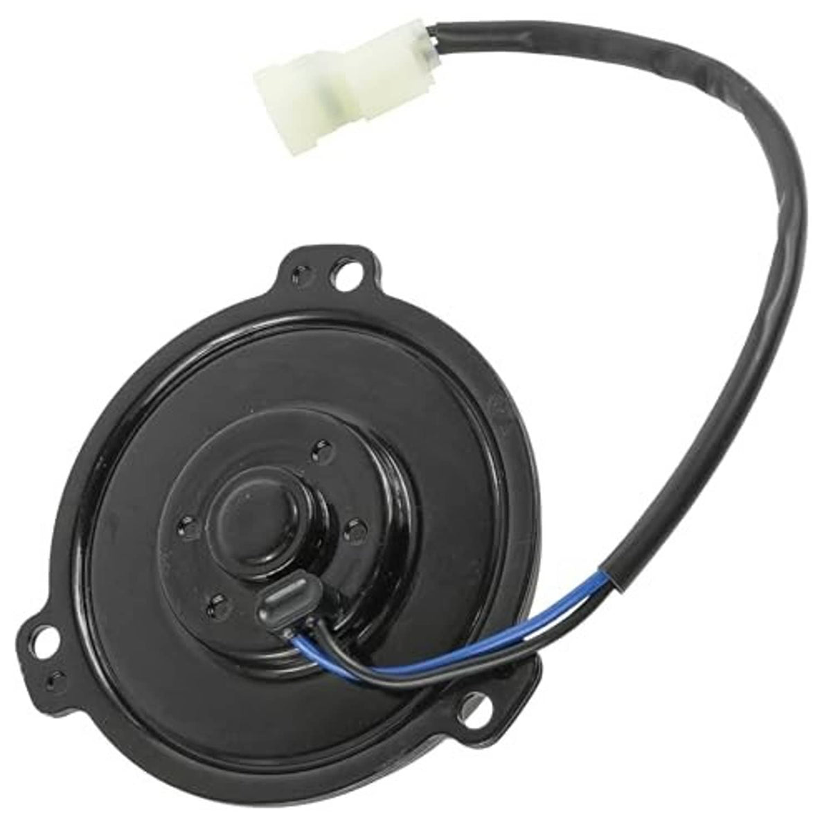 Black radiator cooling fan motor from rear view with white connector and wiring