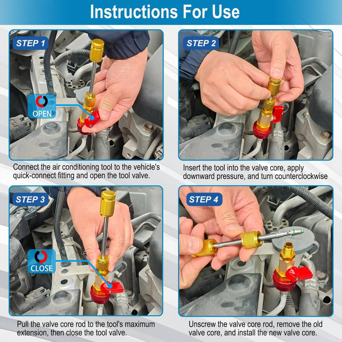 Brass valve core removal tool shown through four steps in the vehicle engine bay