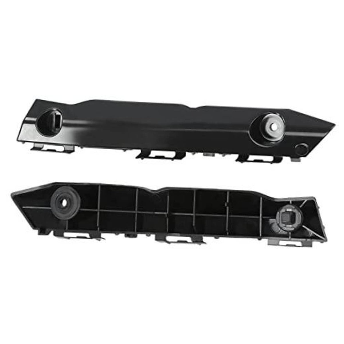 Front bumper bracket set, black plastic brackets with round mounting holes and tabs