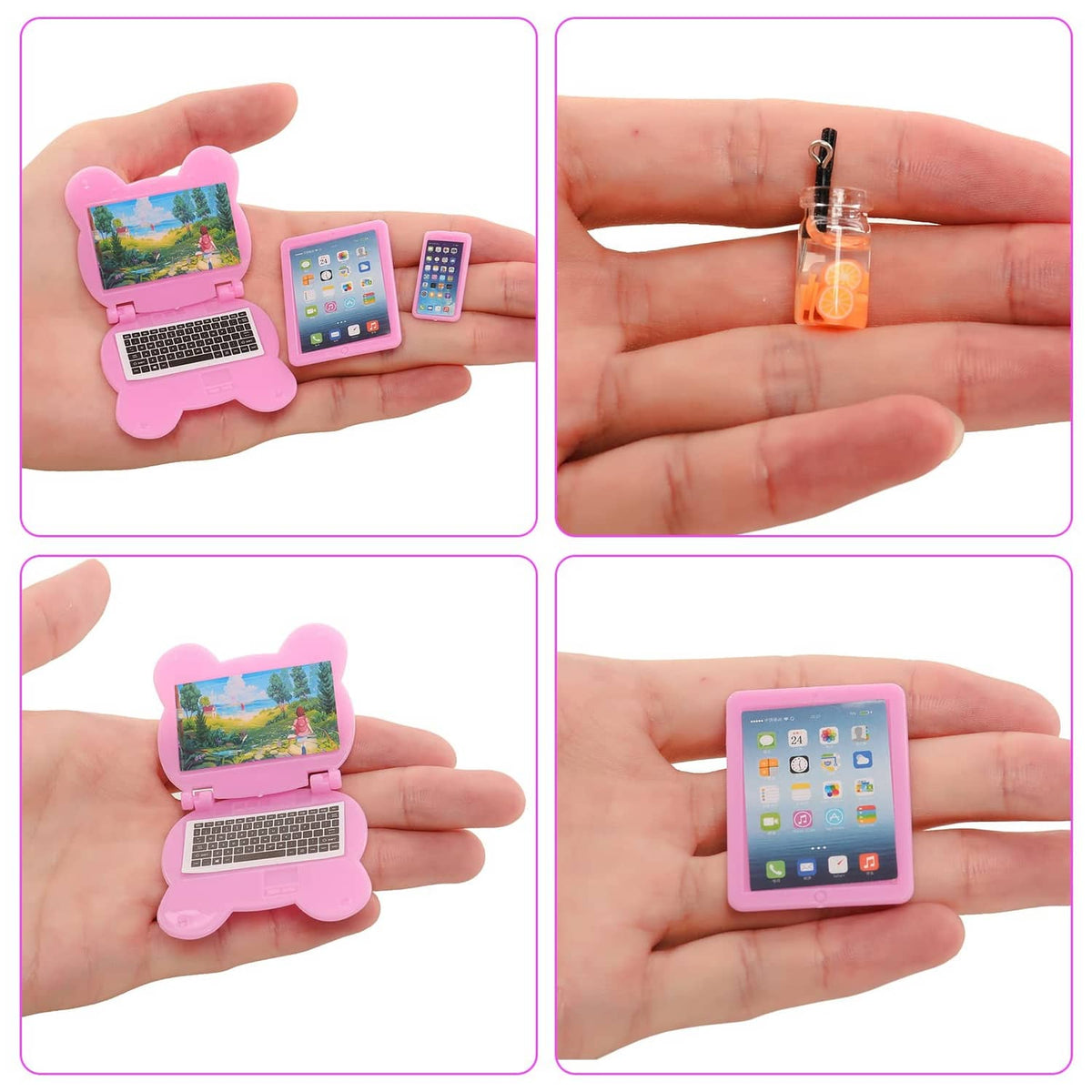 Mini pink laptop and tablet accessories, held in hand with small bottle charm