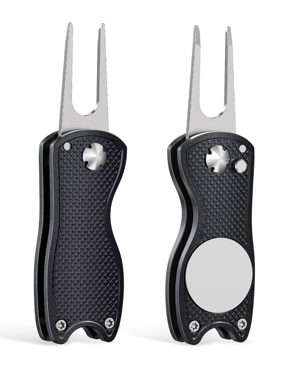 Foldable black metal golf divot repair tools set with U-shaped fork ends