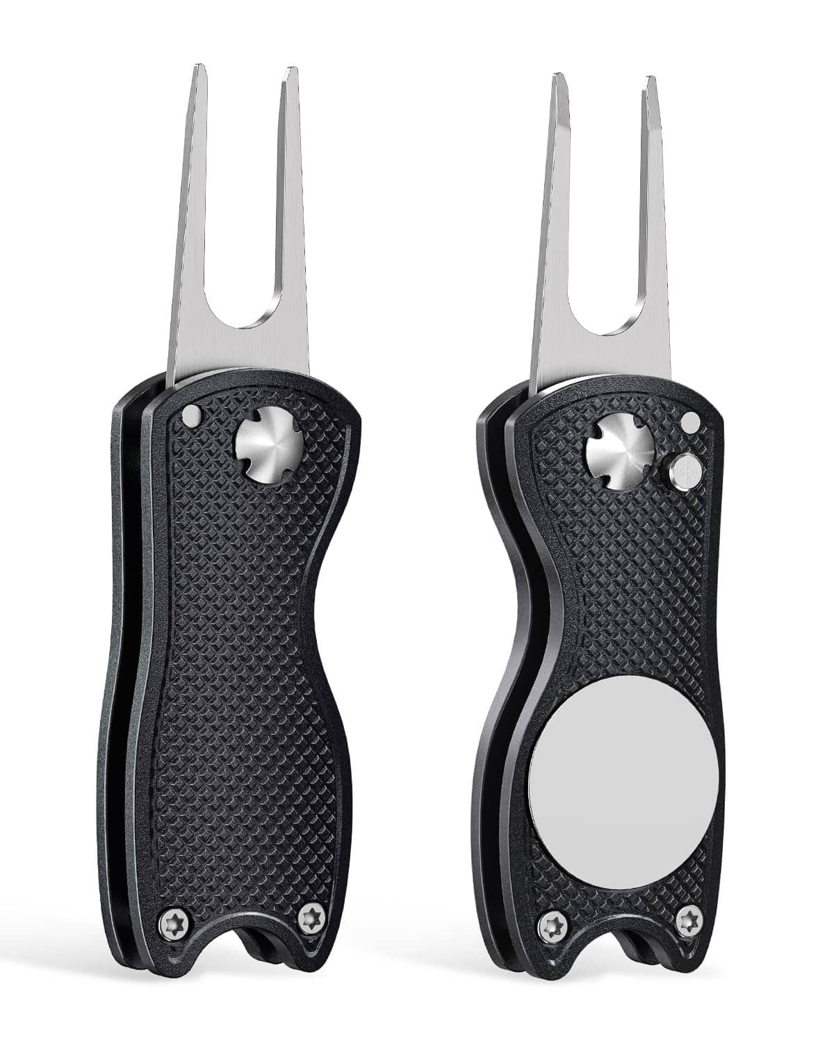 Foldable black metal golf divot repair tools set with U-shaped fork ends