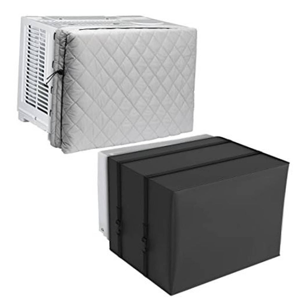 Quilted window AC covers (2-pack), light gray and dark gray/black with cinch cords.