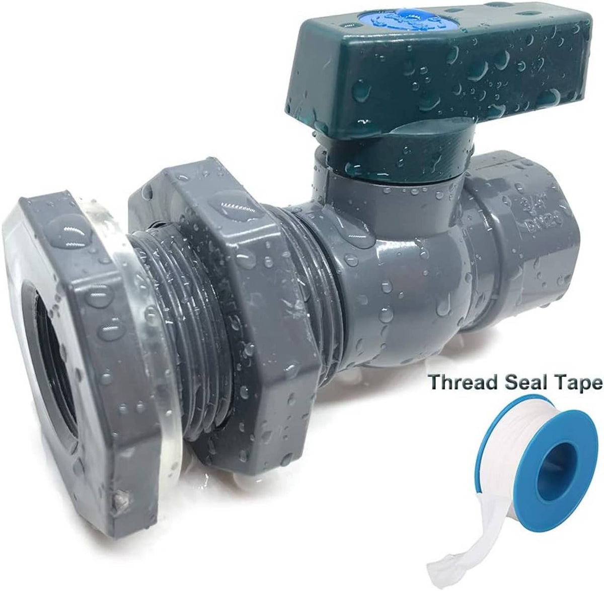 Gray PVC ball valve spigot with teal handle and thread seal tape