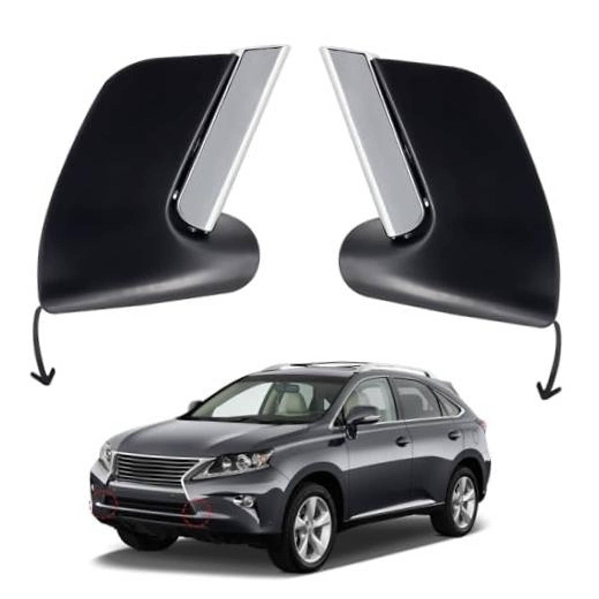 Front bumper trim pieces, black with silver chrome-style inserts, left and right