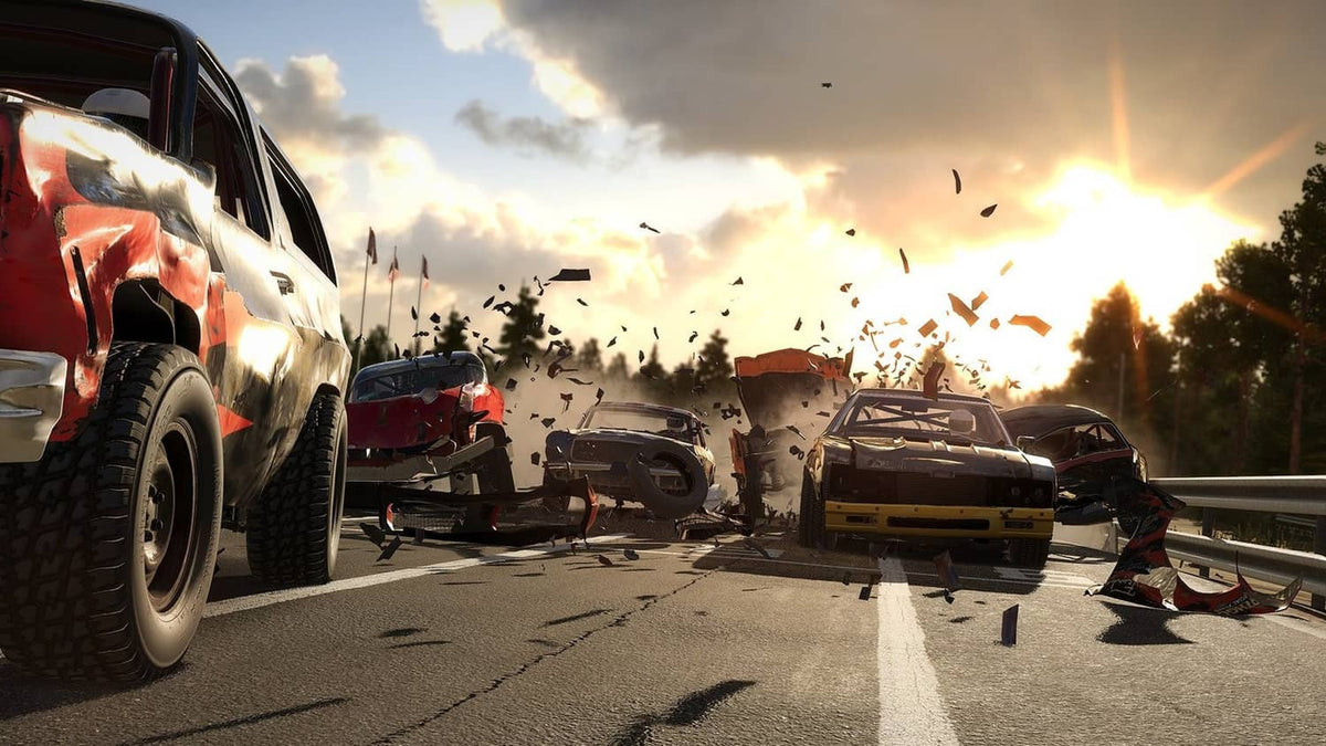 Off-road car collision with explosions and flying debris on a highway road