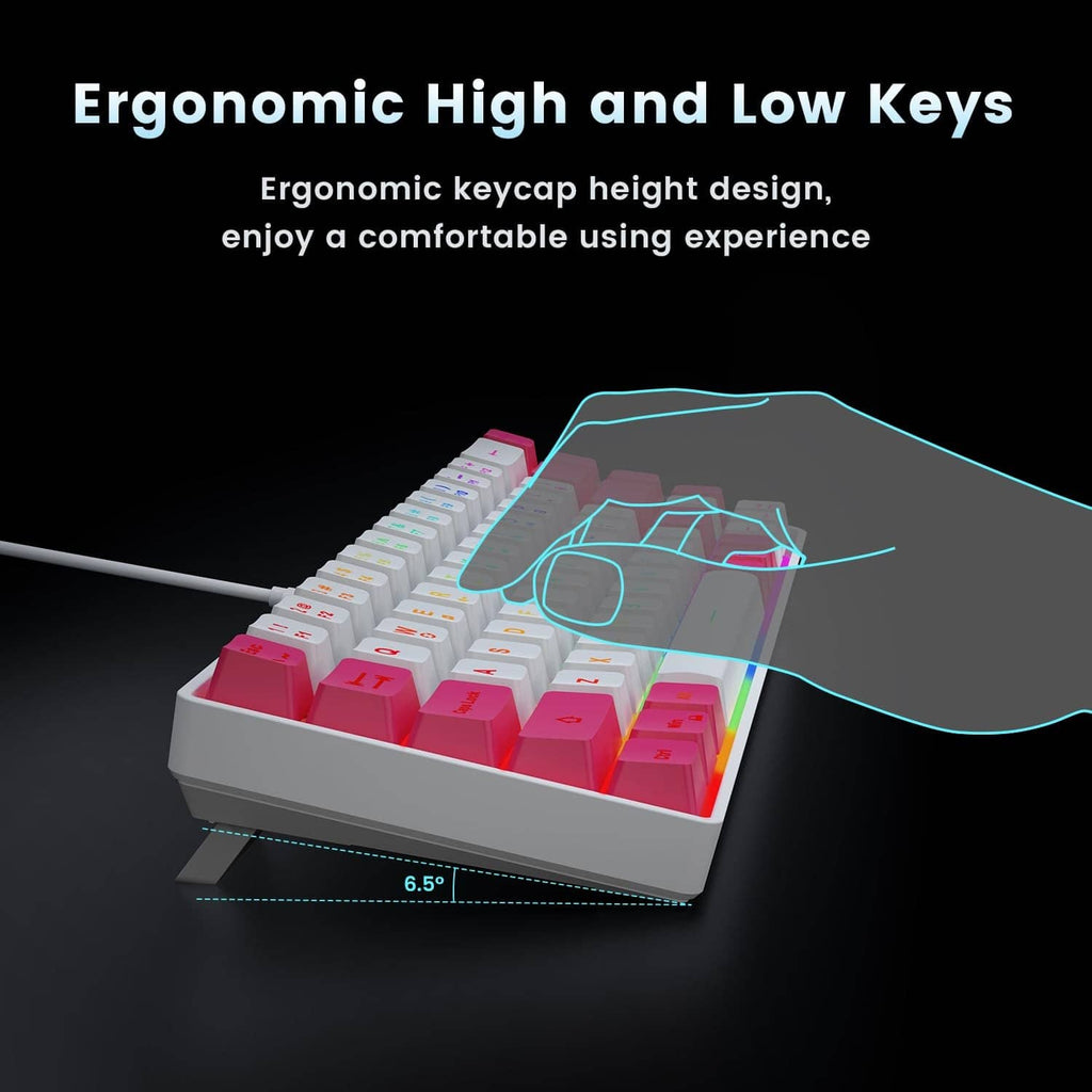 Ergonomic mini wired keyboard with white and pink keycaps and RGB backlighting