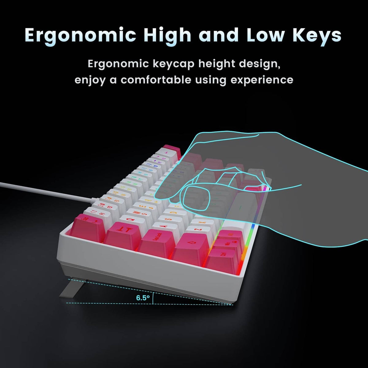Ergonomic mini wired keyboard with white and pink keycaps and RGB backlighting