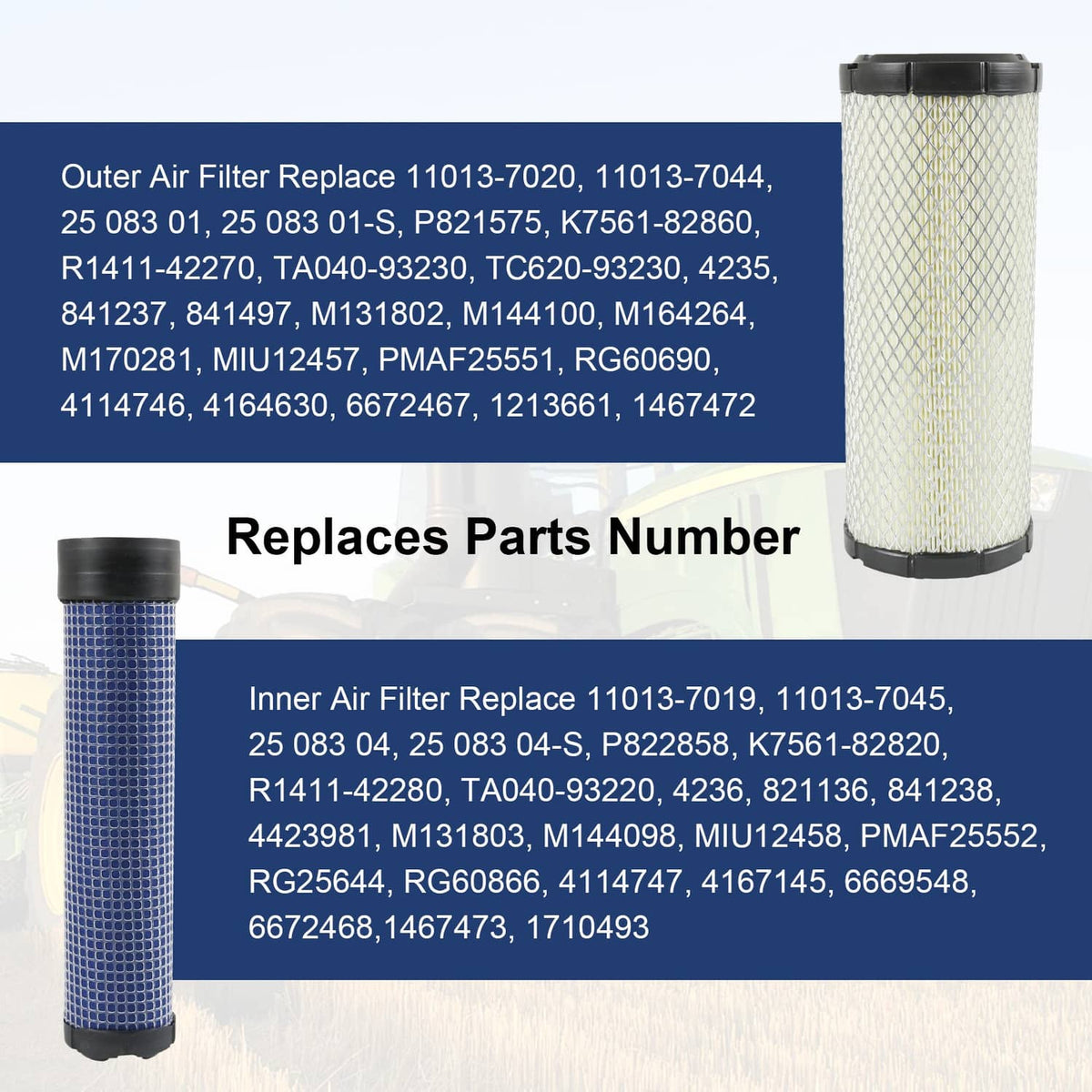Air filter replacement set shown with white pleated and blue mesh cylindrical filters