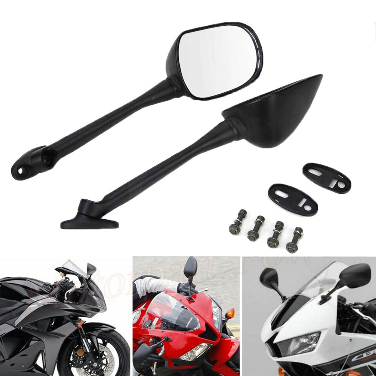 Motorcycle mirror pair kit with black arms, clear oval mirrors, and mounting bolts
