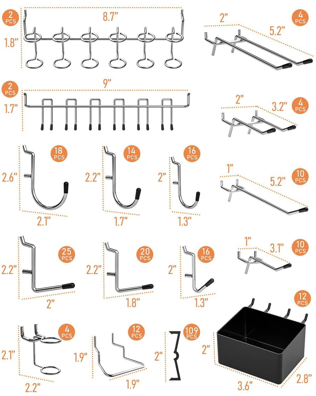 Pegboard hook and rail sizes diagram with assorted hook styles and counts