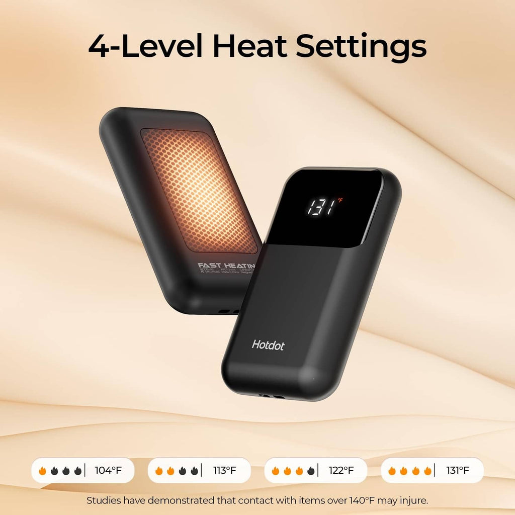 Black portable electric hand warmer with LED display and heated grid surface, 4 settings.