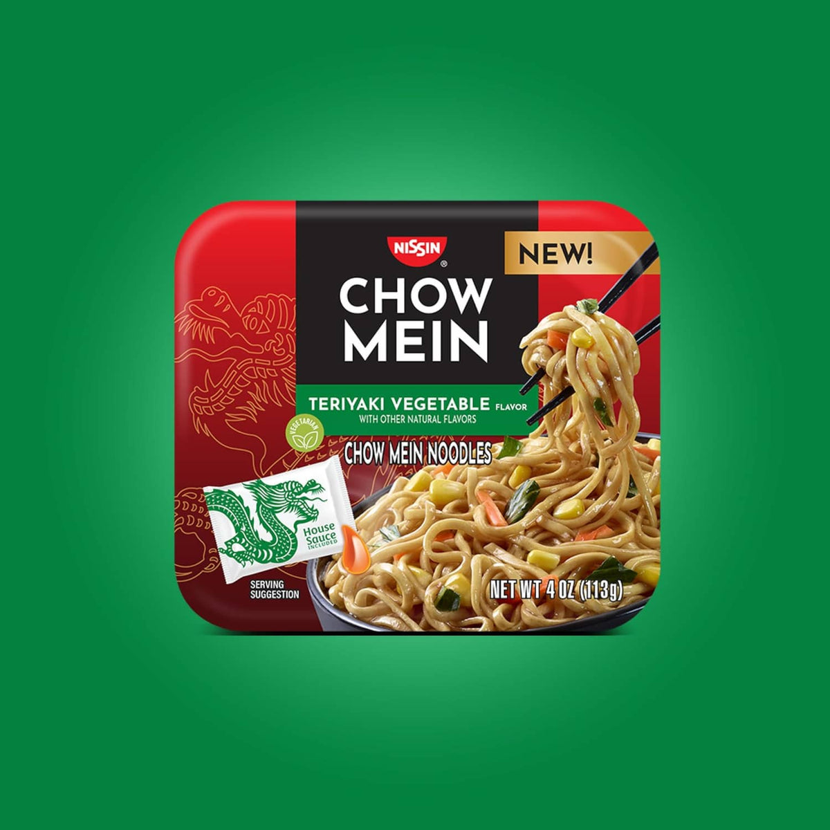 Nissin Chow Mein teriyaki vegetable noodle cup front pack with net wt 4 oz