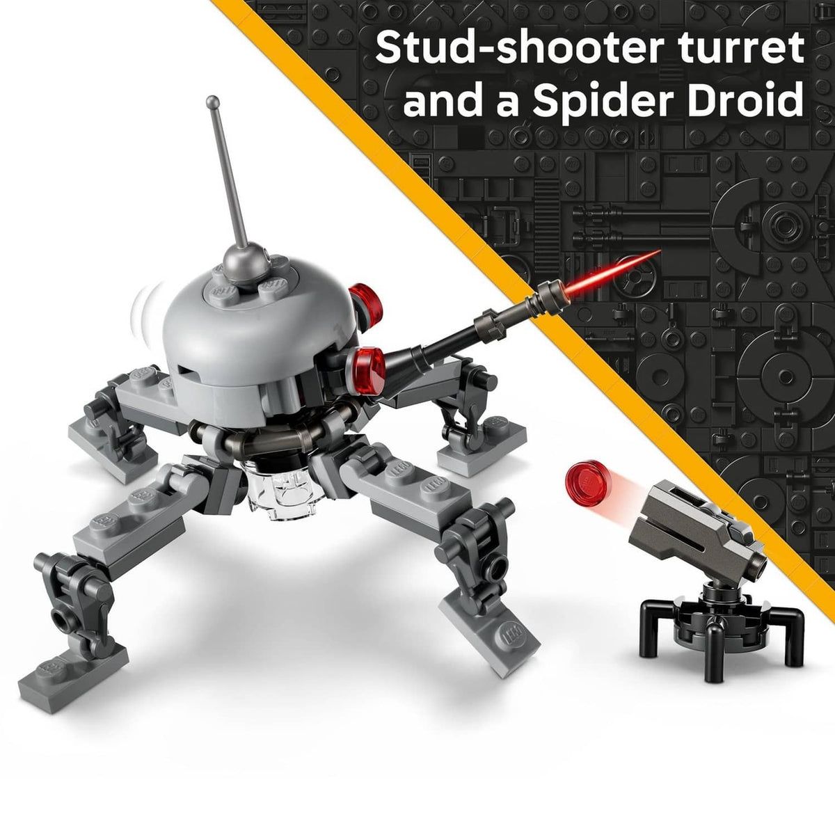 Gray stud-shooting turret spider droid with red shooter and legged frame