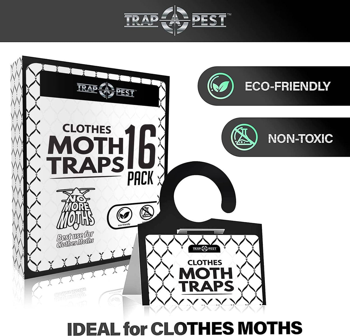 Clothes moth trap 16-pack with eco-friendly, non-toxic badge icons, black and white