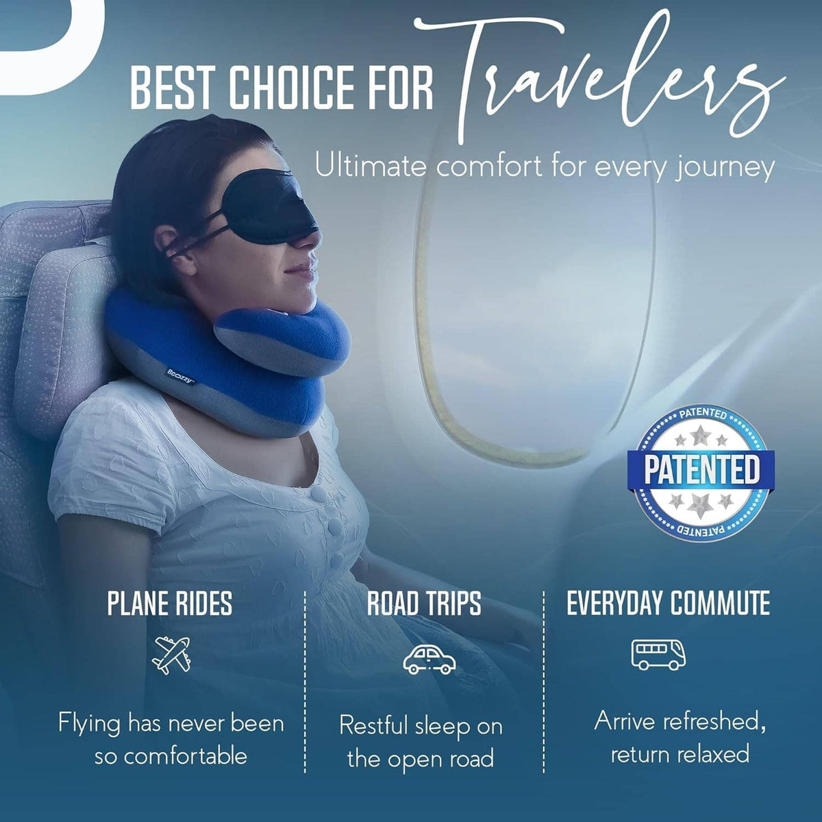 Blue travel neck pillow for trips, road trips, and daily commuting shown on a traveler