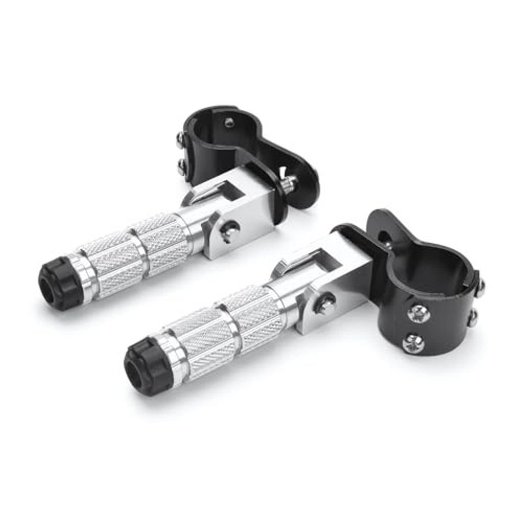Pair of universal motorcycle foot pegs with silver knurled grips and black brackets
