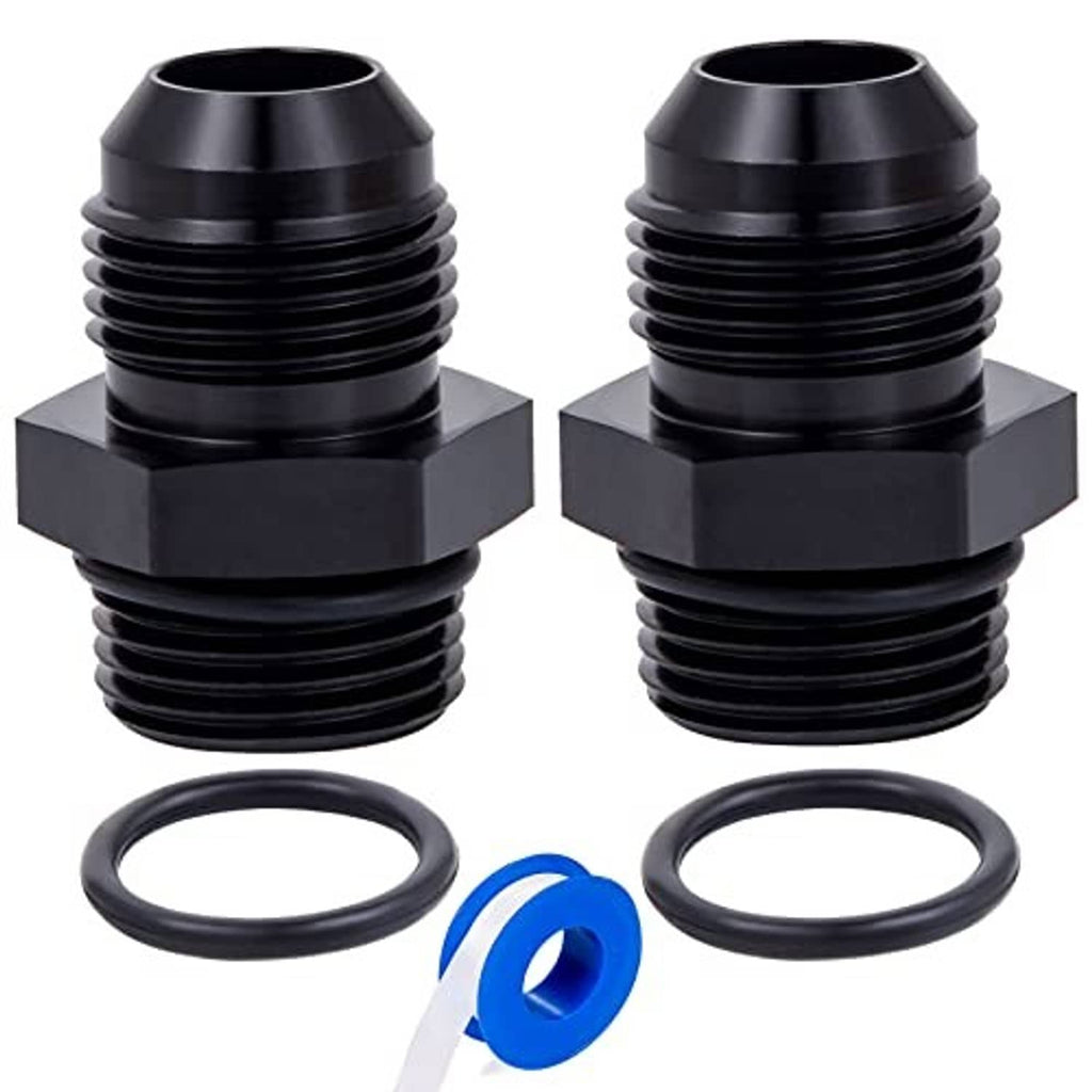 Two black AN male flare adapters with hex bases and O-ring seals