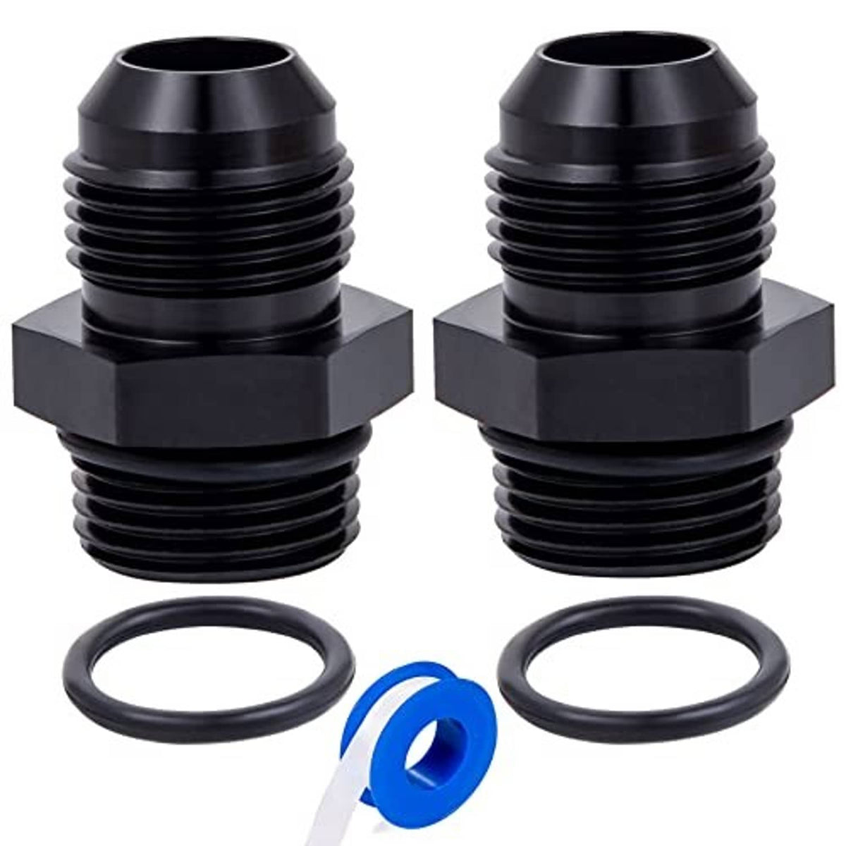 Two black AN male flare adapters with hex bases and O-ring seals